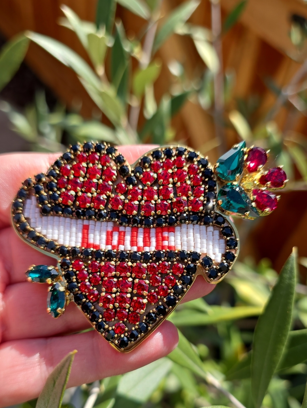 Shourouk Red Crystal Heart Brooch with Green and Gold Accents